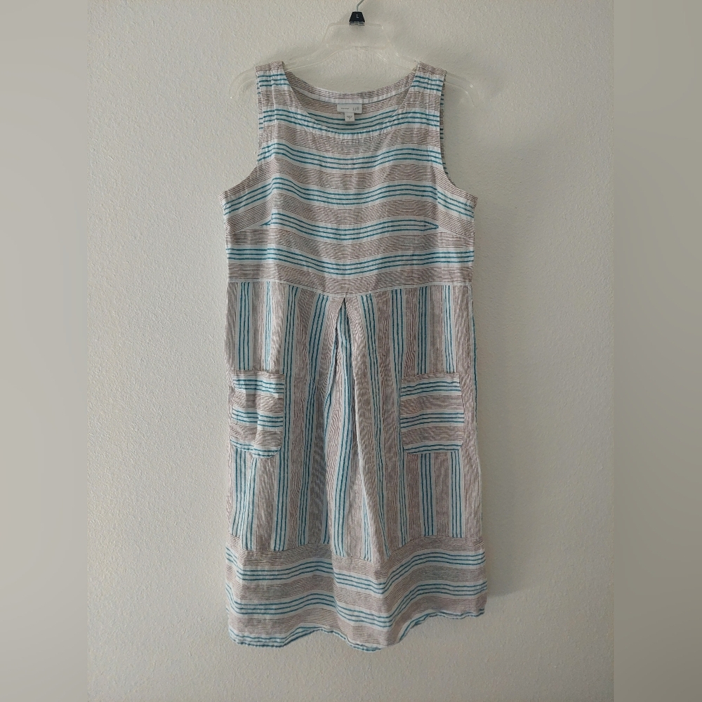 100% Linen Scoopneck Dress Medium Blue/Brown Stripes On White - Picture 1 of 6